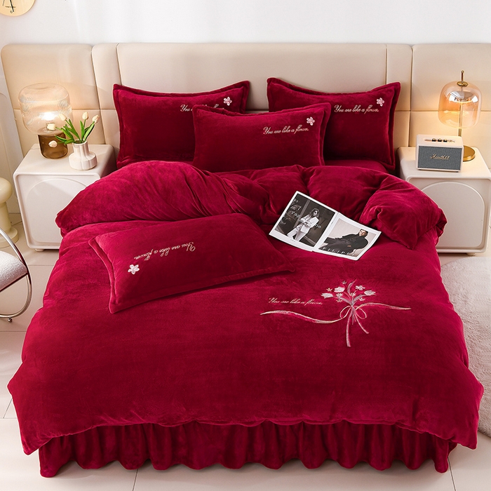 91家纺网 家纺一手货源 找家纺 绣女坊 2025新款高克重牛奶绒刺绣四件套 郁金香-酒红