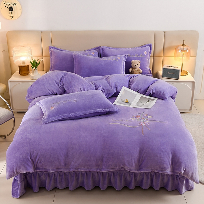 91家纺网 家纺一手货源 找家纺 绣女坊 2025新款高克重牛奶绒刺绣四件套 郁金香-香芋紫