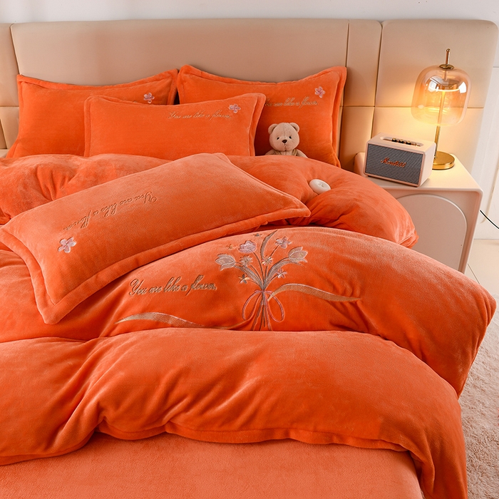 91家纺网 家纺一手货源 找家纺 绣女坊 2025新款高克重牛奶绒刺绣四件套 郁金香-爱玛橙