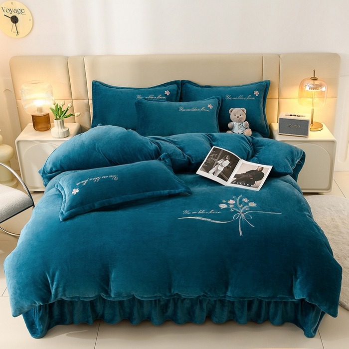 绣女坊 2025新款高克重牛奶绒刺绣四件套 郁金香-孔雀蓝