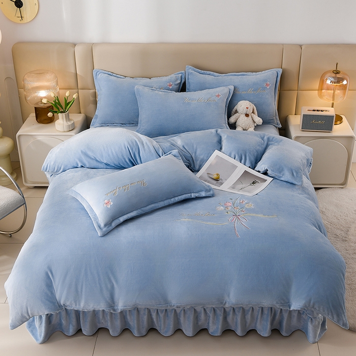 绣女坊 2025新款高克重牛奶绒刺绣四件套 郁金香-天蓝