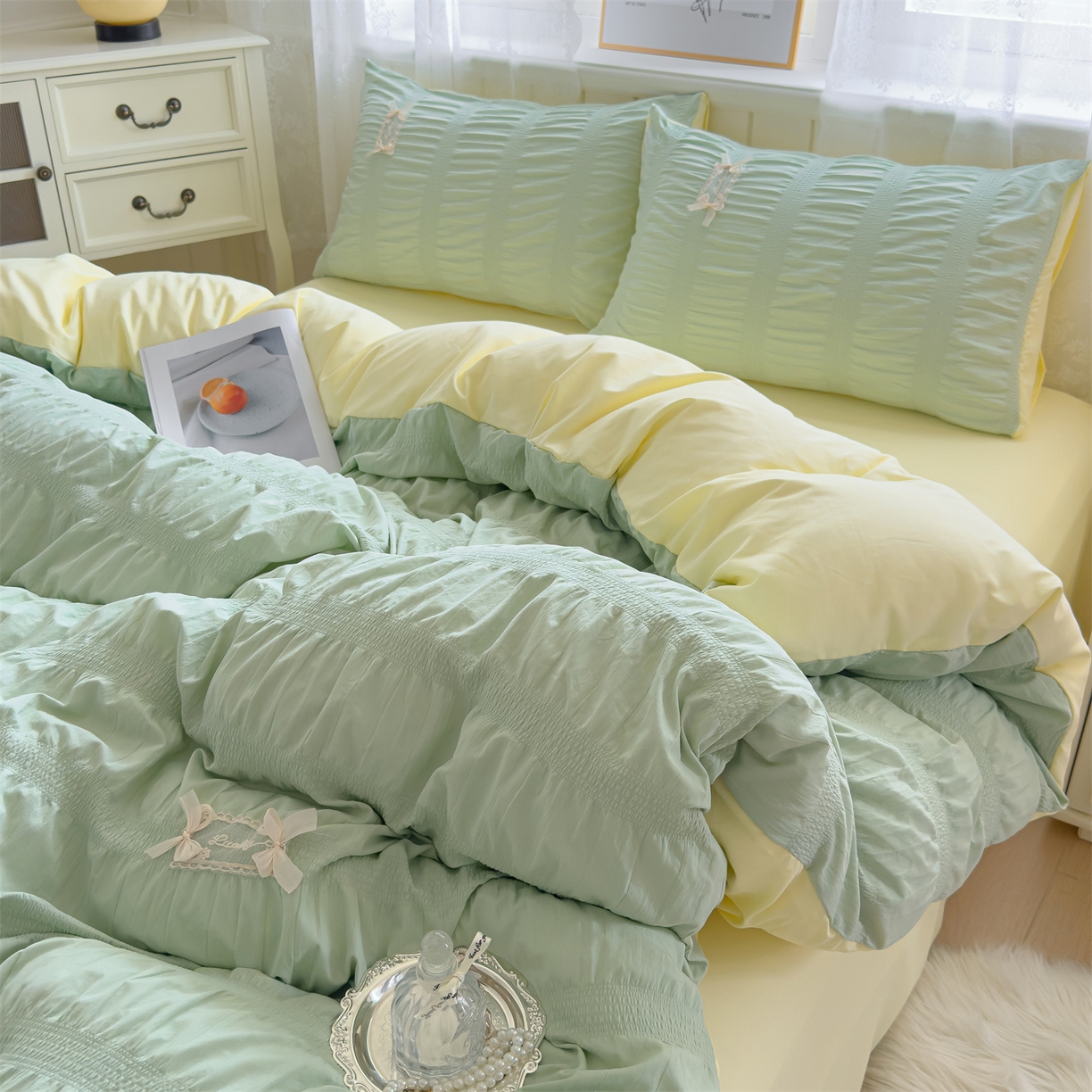 91家纺网 家纺一手货源 找家纺 （总）梦庭帛美 2025新款韩版公主风可乐泡泡纱四件套