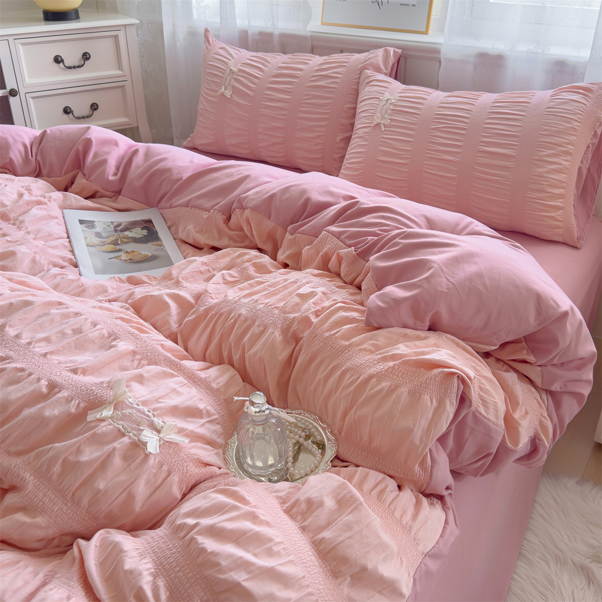 91家纺网 家纺一手货源 找家纺 （总）梦庭帛美 2025新款韩版公主风可乐泡泡纱四件套