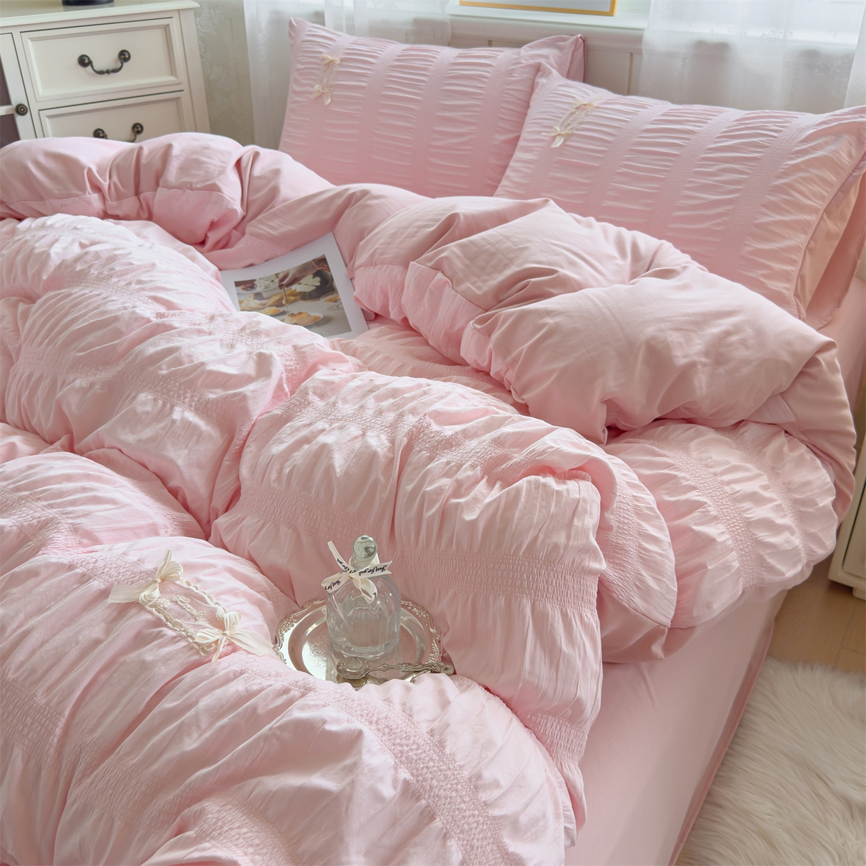 91家纺网 家纺一手货源 找家纺 （总）梦庭帛美 2025新款韩版公主风可乐泡泡纱四件套