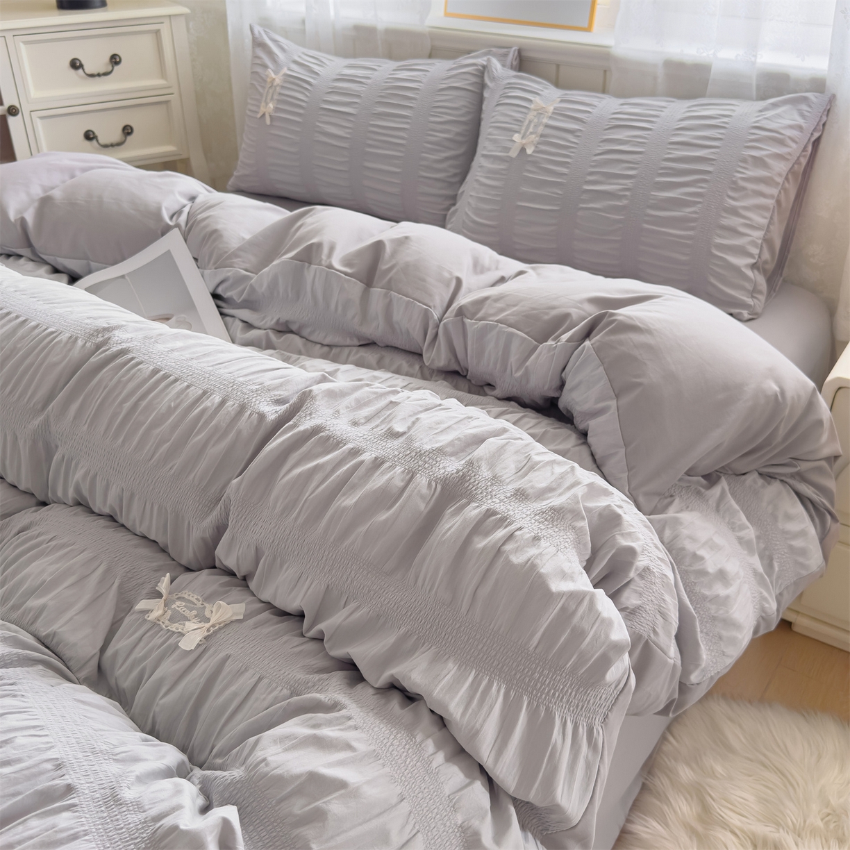 91家纺网 家纺一手货源 找家纺 （总）梦庭帛美 2025新款韩版公主风可乐泡泡纱四件套