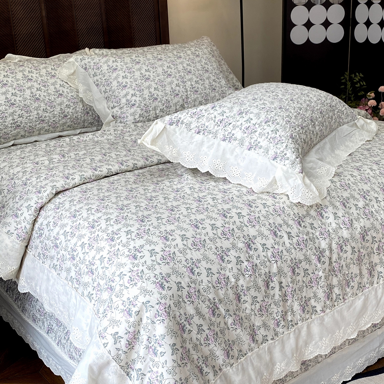 91家纺网 家纺一手货源 找家纺 （总）奈萝家纺 2025新款13372全棉法式大花边床盖被套四件套