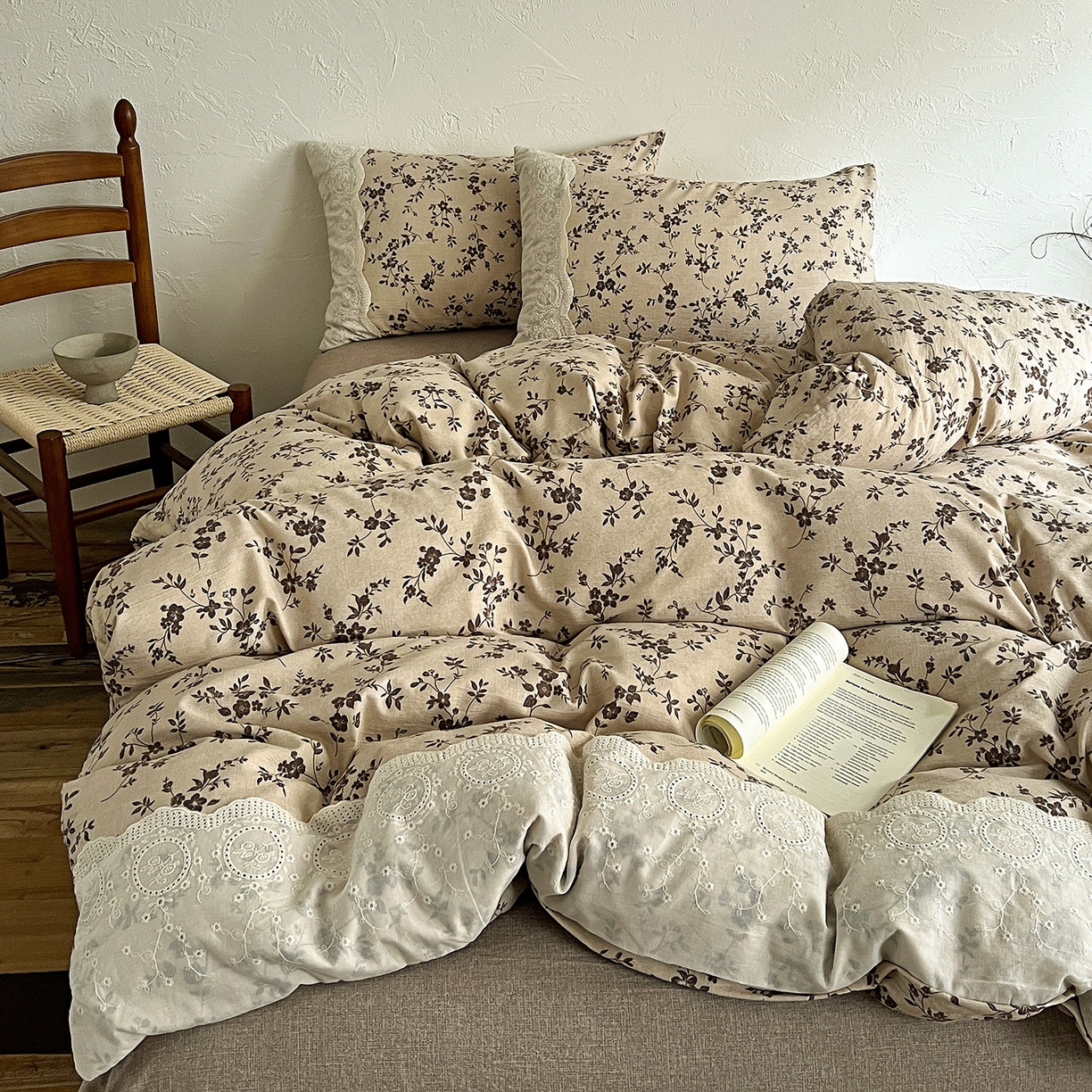 典曼家纺 2025秋冬新品A类高克重亚麻复古花边侘寂风原麻四件套  茶里