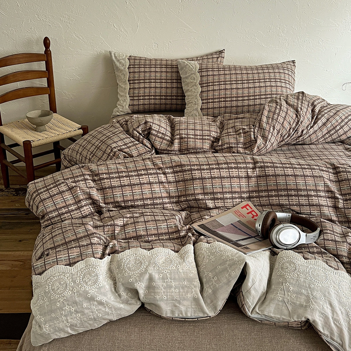 典曼家纺 2025秋冬新品A类高克重亚麻复古花边侘寂风原麻四件套  茶巷