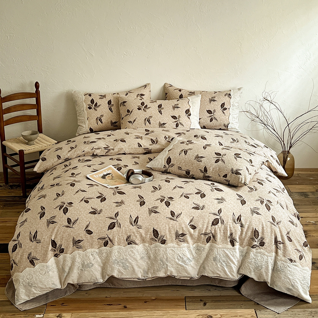 91家纺网 家纺一手货源 找家纺 典曼家纺 2025秋冬新品A类高克重亚麻复古花边侘寂风原麻四件套  花季