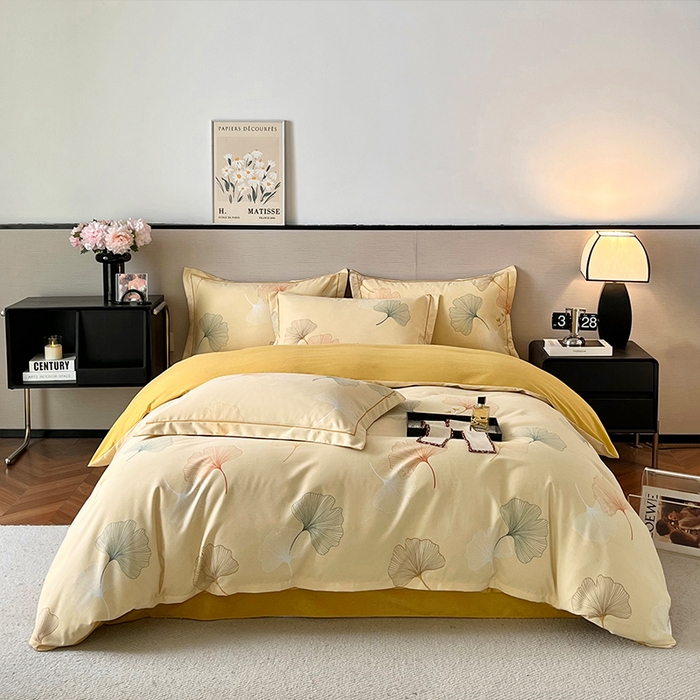 91家纺网 家纺一手货源 找家纺 帛美家纺 2025新款加厚纯棉全棉磨毛印花四件套 一叶知秋