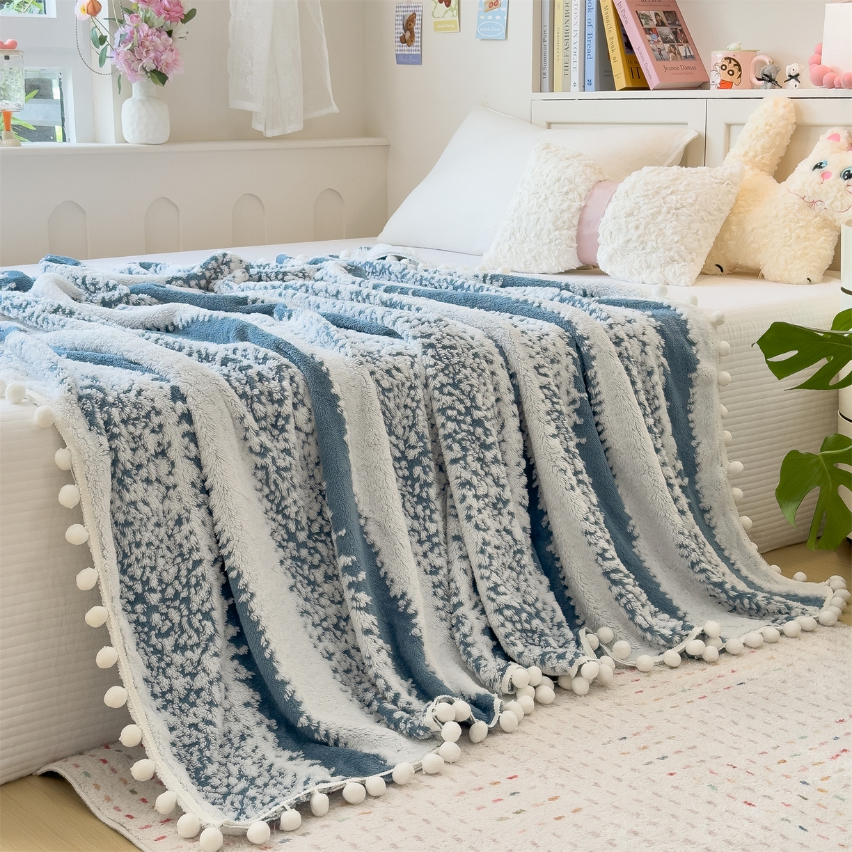 91家纺网 家纺一手货源 找家纺 丝幔家纺 2025新款星绒梦语毛球多功能毛毯毯子-森语雪球 森语雪球 冰蓝