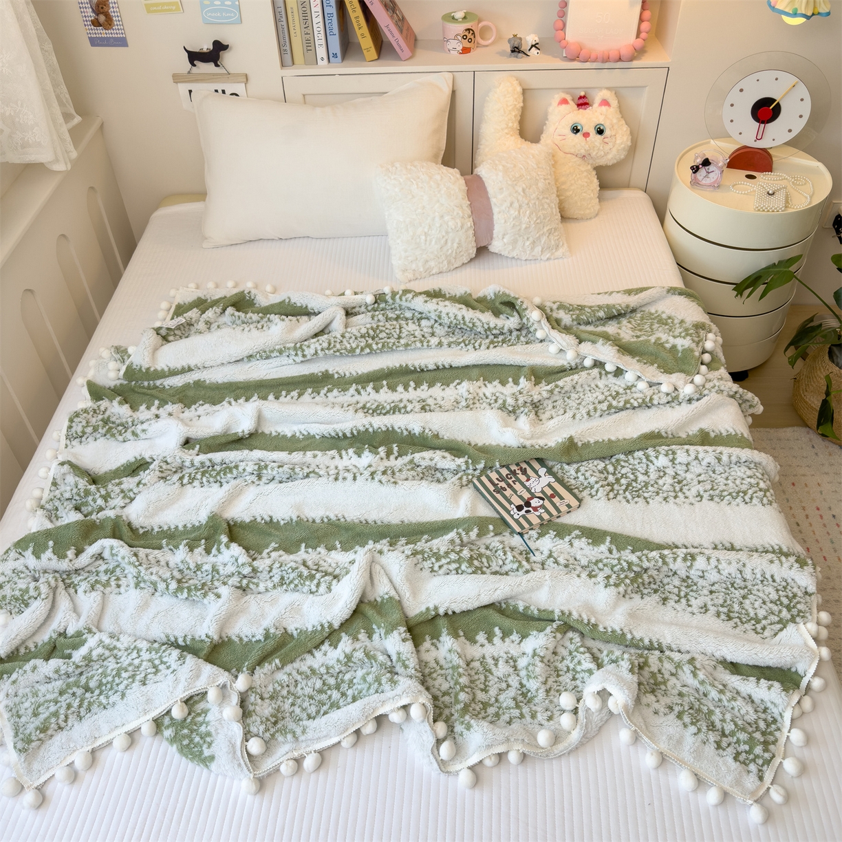 91家纺网 家纺一手货源 找家纺 丝幔家纺 2025新款星绒梦语毛球多功能毛毯毯子-森语雪球 森语雪球 薄荷绿
