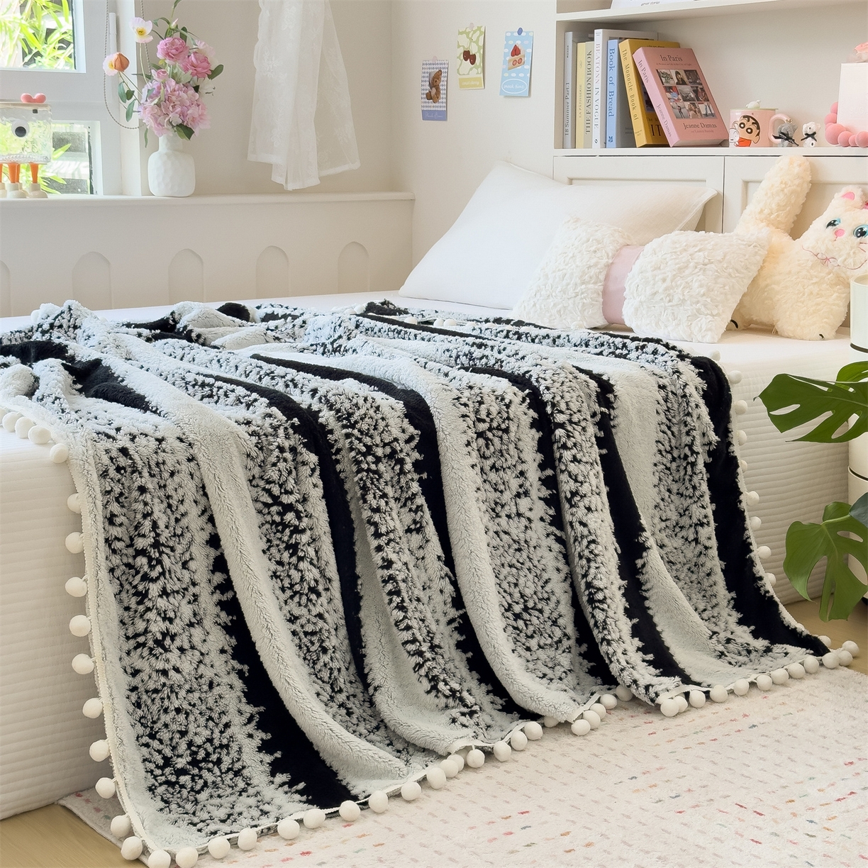 91家纺网 家纺一手货源 找家纺 丝幔家纺 2025新款星绒梦语毛球多功能毛毯毯子-森语雪球 森语雪球 斑马黑