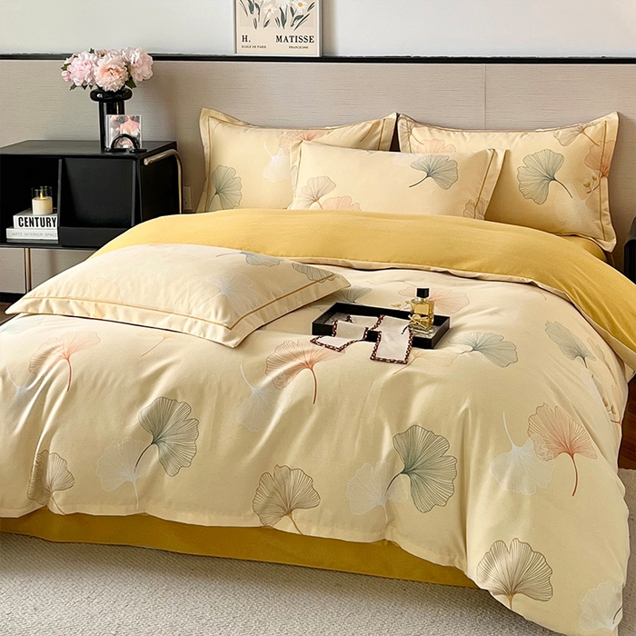 91家纺网 家纺一手货源 找家纺 帛美家纺 2025新款加厚纯棉全棉磨毛印花四件套 一叶知秋