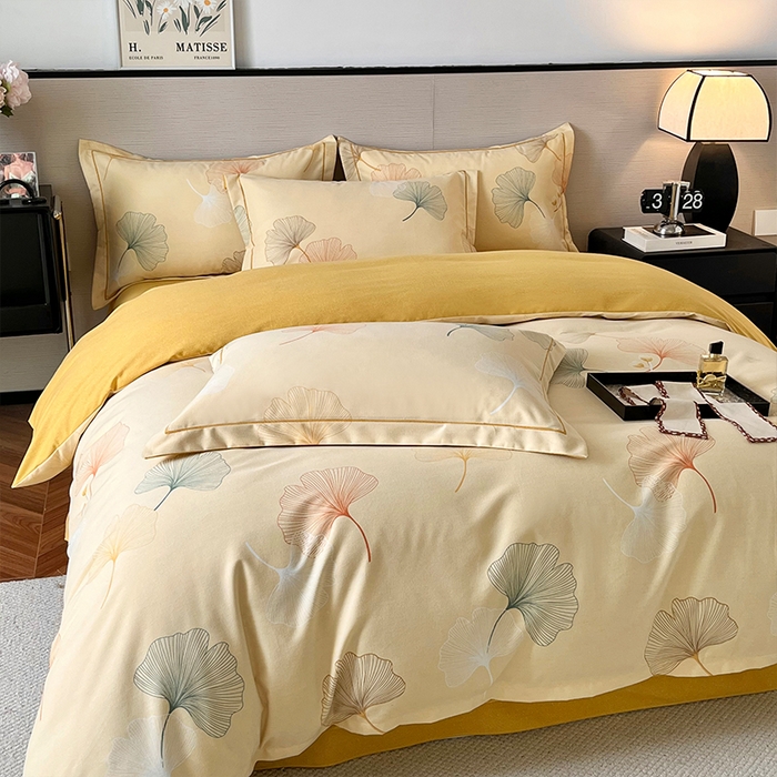 91家纺网 家纺一手货源 找家纺 帛美家纺 2025新款加厚纯棉全棉磨毛印花四件套 一叶知秋