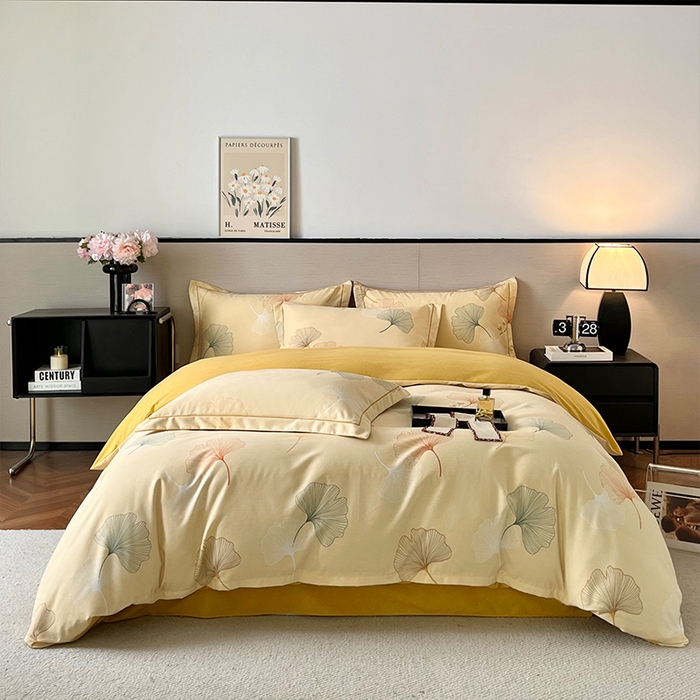 91家纺网 家纺一手货源 找家纺 帛美家纺 2025新款加厚纯棉全棉磨毛印花四件套 一叶知秋