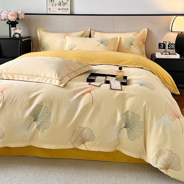 91家纺网 家纺一手货源 找家纺 帛美家纺 2025新款加厚纯棉全棉磨毛印花四件套 一叶知秋