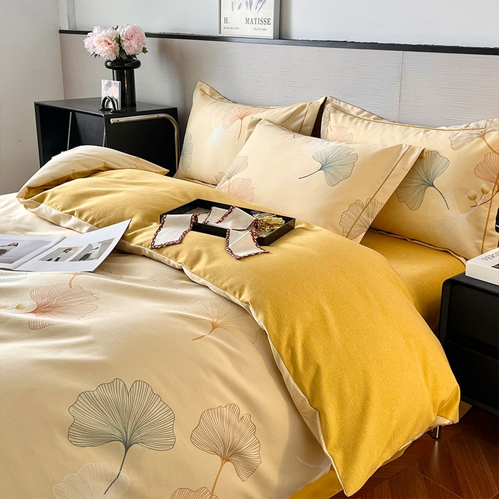 91家纺网 家纺一手货源 找家纺 帛美家纺 2025新款加厚纯棉全棉磨毛印花四件套 一叶知秋