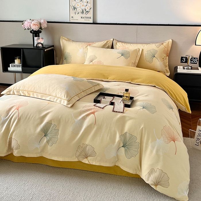 91家纺网 家纺一手货源 找家纺 帛美家纺 2025新款加厚纯棉全棉磨毛印花四件套 一叶知秋