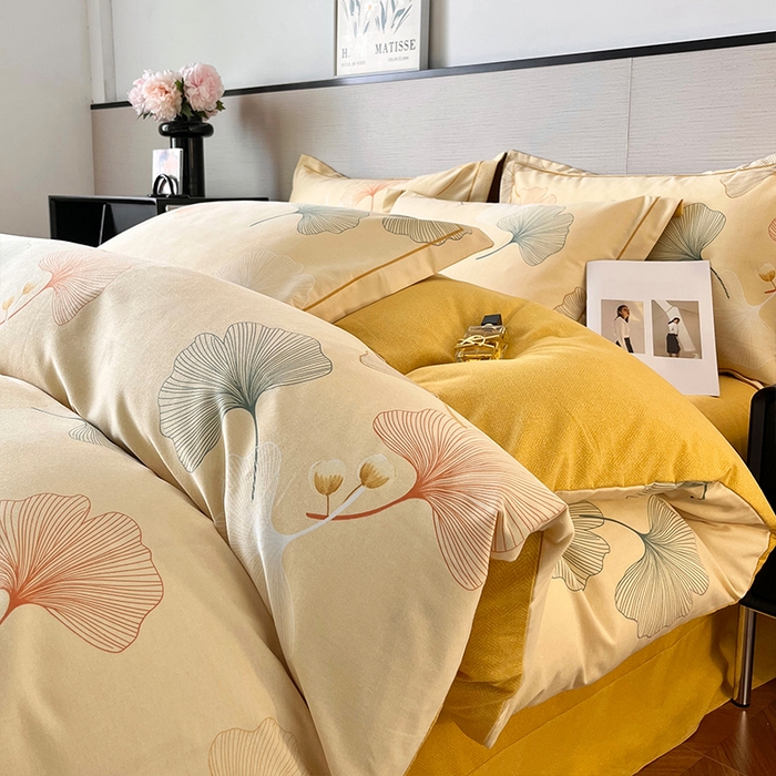 91家纺网 家纺一手货源 找家纺 帛美家纺 2025新款加厚纯棉全棉磨毛印花四件套 一叶知秋