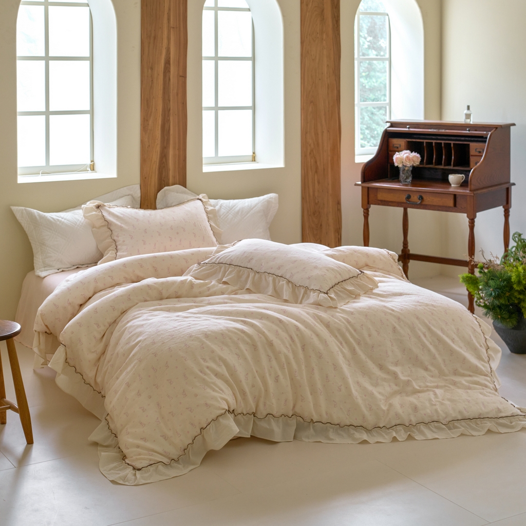 91家纺网 家纺一手货源 找家纺 洋铭区（原狠狠爱） 2025新款法式荷叶边全棉双层纱四件套系列 玫瑰小兔