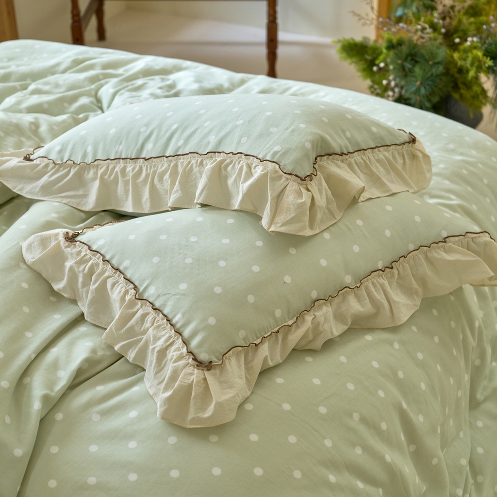 91家纺网 家纺一手货源 找家纺 洋铭区（原狠狠爱） 2025新款法式荷叶边全棉双层纱四件套系列 抹茶圆点