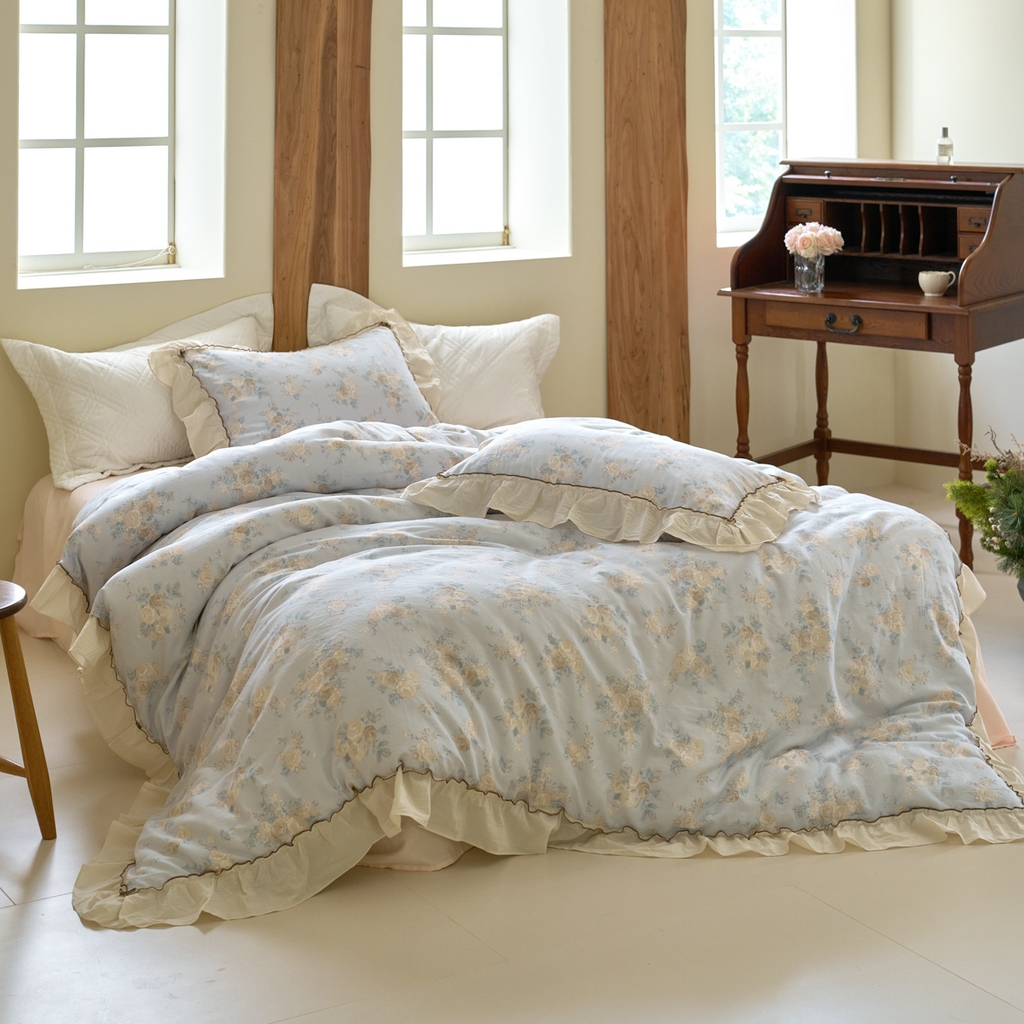 91家纺网 家纺一手货源 找家纺 （总）洋铭区（原狠狠爱） 2025新款法式荷叶边全棉双层纱四件套系列