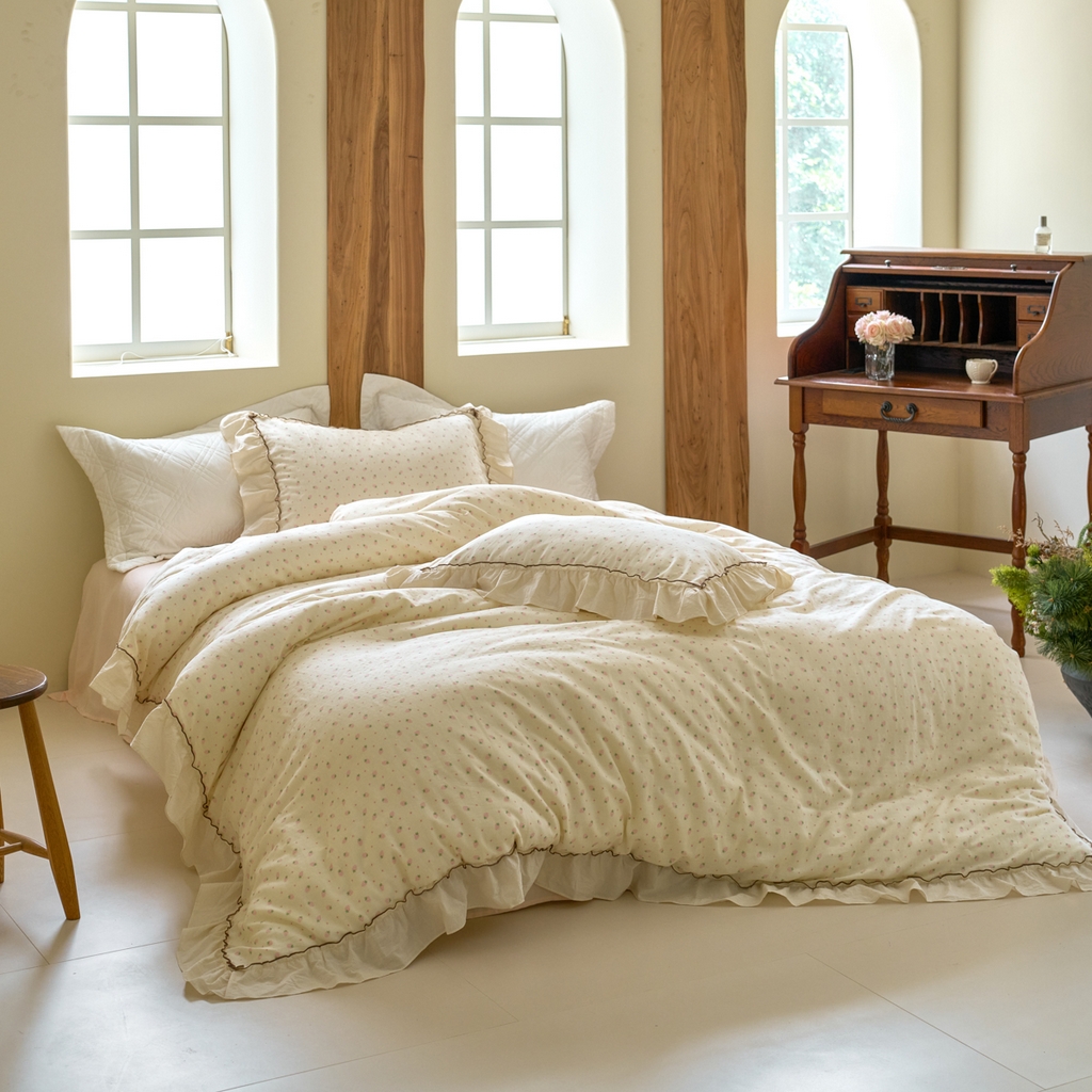 91家纺网 家纺一手货源 找家纺 洋铭区（原狠狠爱） 2025新款法式荷叶边全棉双层纱四件套系列 糖糖草莓