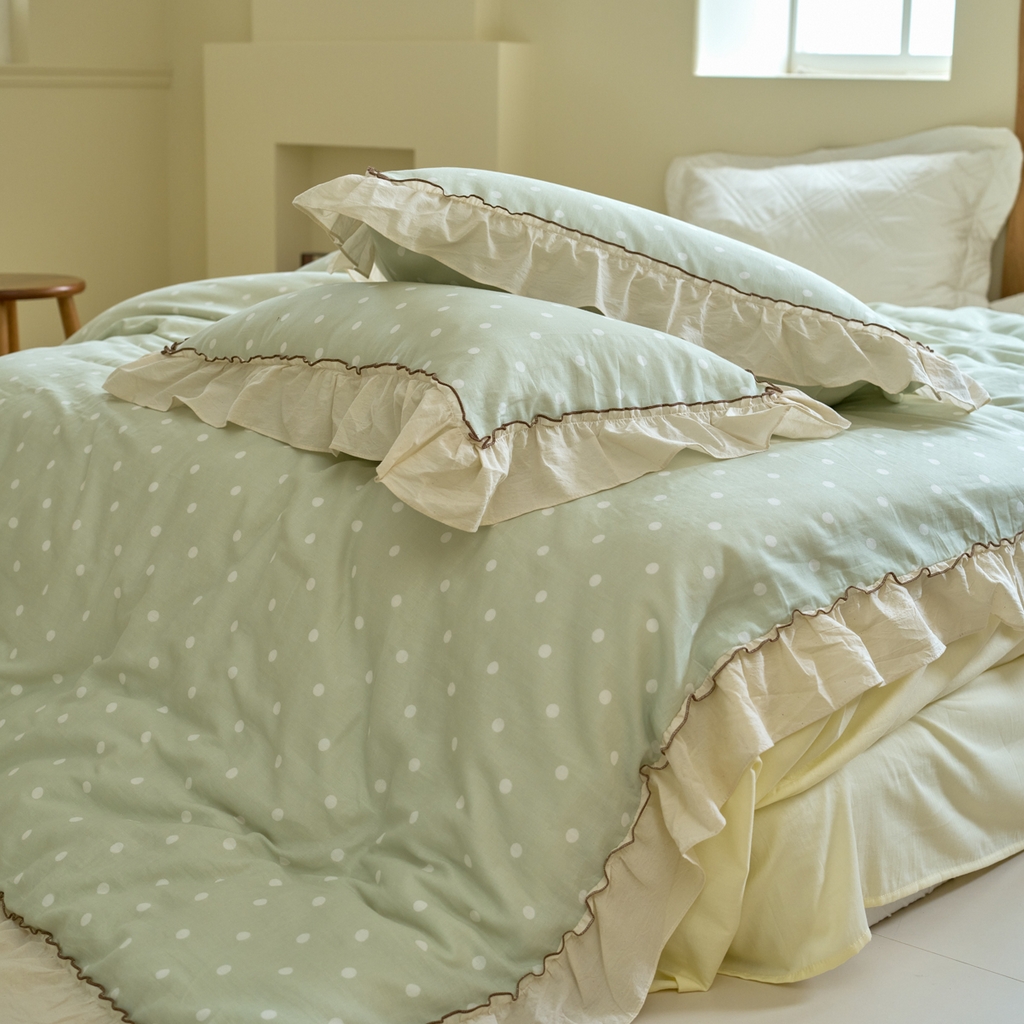 91家纺网 家纺一手货源 找家纺 洋铭区（原狠狠爱） 2025新款法式荷叶边全棉双层纱四件套系列 抹茶圆点