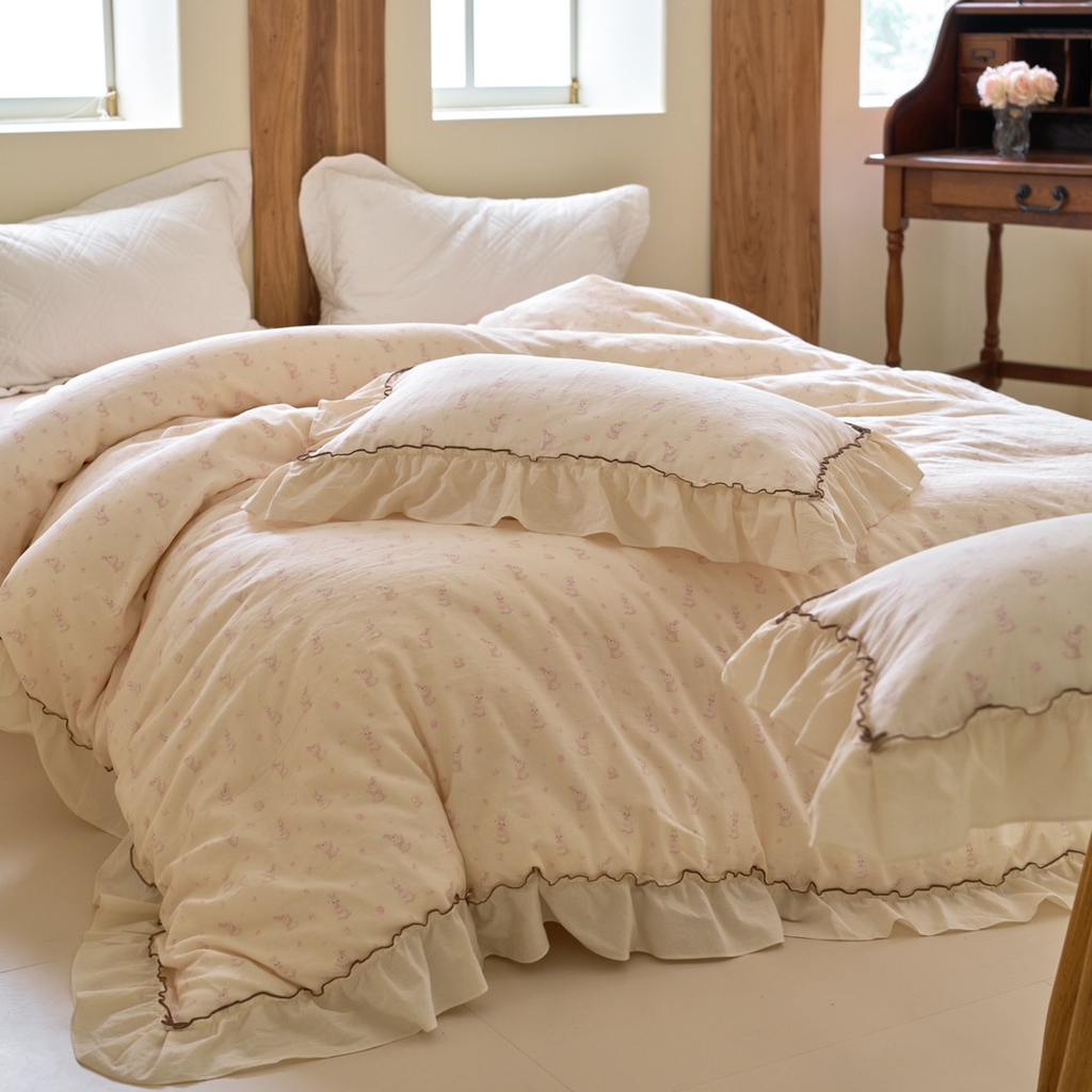 91家纺网 家纺一手货源 找家纺 （总）洋铭区（原狠狠爱） 2025新款法式荷叶边全棉双层纱四件套系列