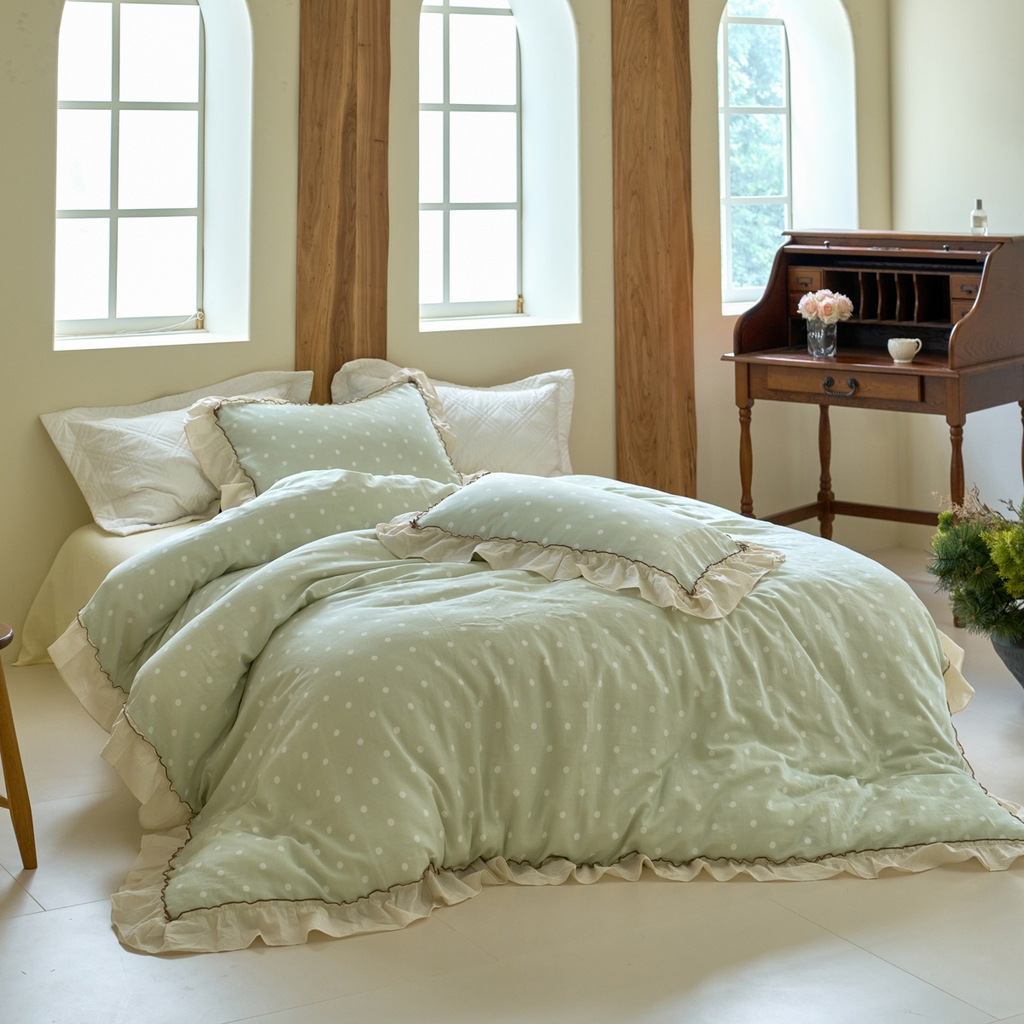 91家纺网 家纺一手货源 找家纺 洋铭区（原狠狠爱） 2025新款法式荷叶边全棉双层纱四件套系列 抹茶圆点