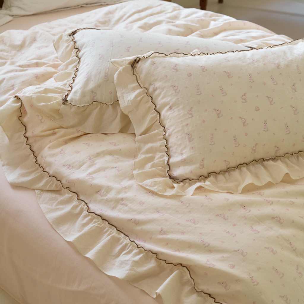 91家纺网 家纺一手货源 找家纺 （总）洋铭区（原狠狠爱） 2025新款法式荷叶边全棉双层纱四件套系列