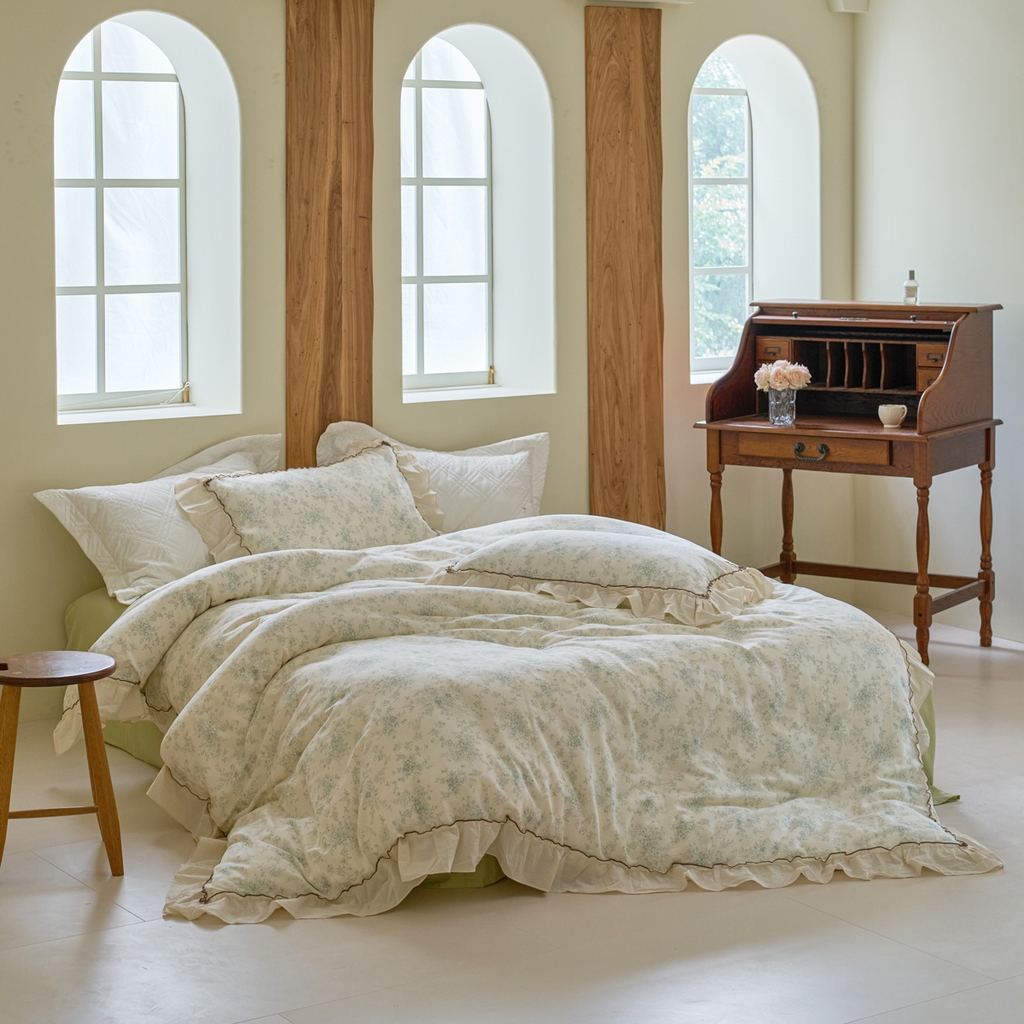 91家纺网 家纺一手货源 找家纺 （总）洋铭区（原狠狠爱） 2025新款法式荷叶边全棉双层纱四件套系列