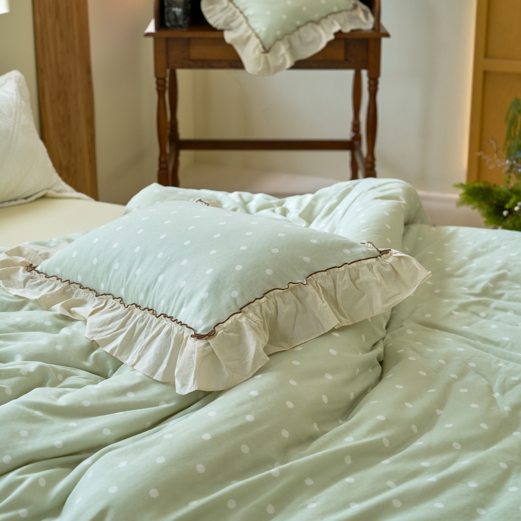 91家纺网 家纺一手货源 找家纺 洋铭区（原狠狠爱） 2025新款法式荷叶边全棉双层纱四件套系列 抹茶圆点