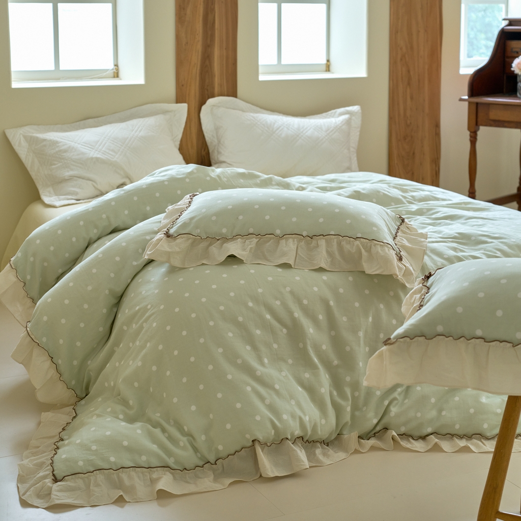 91家纺网 家纺一手货源 找家纺 洋铭区（原狠狠爱） 2025新款法式荷叶边全棉双层纱四件套系列 抹茶圆点