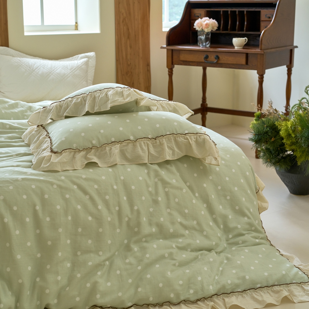 91家纺网 家纺一手货源 找家纺 洋铭区（原狠狠爱） 2025新款法式荷叶边全棉双层纱四件套系列 抹茶圆点