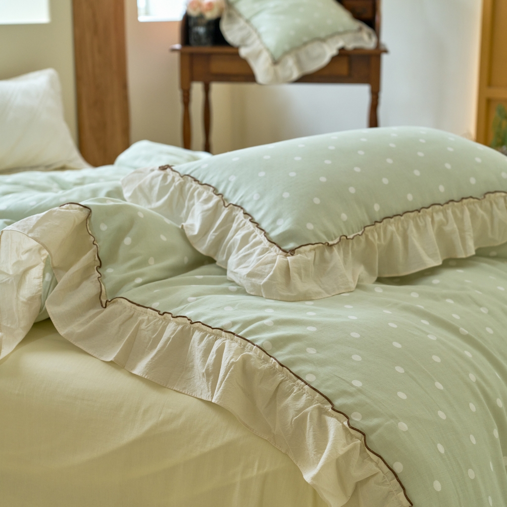 91家纺网 家纺一手货源 找家纺 洋铭区（原狠狠爱） 2025新款法式荷叶边全棉双层纱四件套系列 抹茶圆点