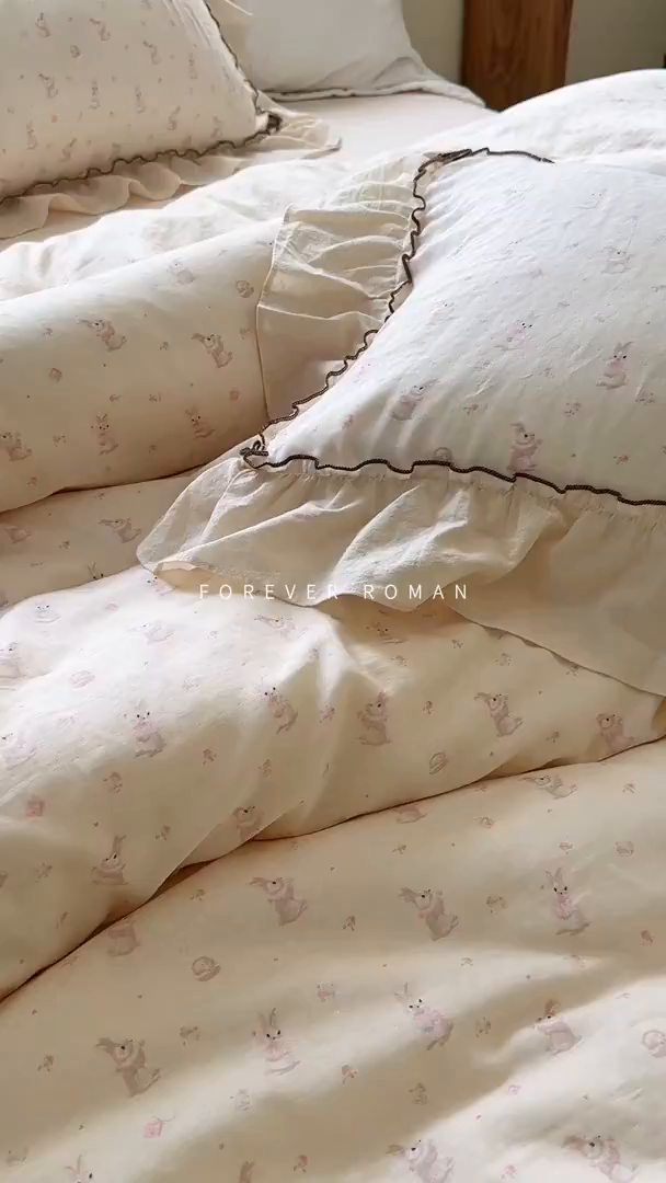 91家纺网 家纺一手货源 找家纺 （总）洋铭区（原狠狠爱） 2025新款法式荷叶边全棉双层纱四件套系列