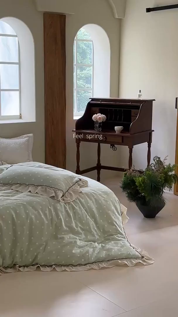 91家纺网 家纺一手货源 找家纺 洋铭区（原狠狠爱） 2025新款法式荷叶边全棉双层纱四件套系列 抹茶圆点