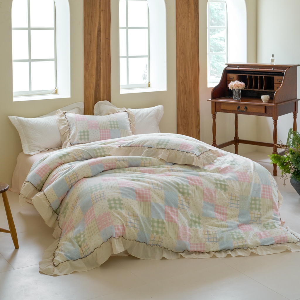 91家纺网 家纺一手货源 找家纺 洋铭区（原狠狠爱） 2025新款法式荷叶边全棉双层纱四件套系列 晴山格