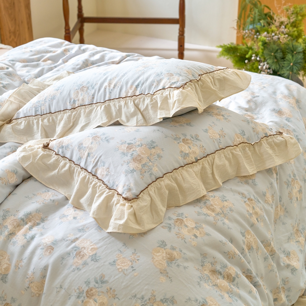 91家纺网 家纺一手货源 找家纺 洋铭区（原狠狠爱） 2025新款法式荷叶边全棉双层纱四件套系列 云间花海