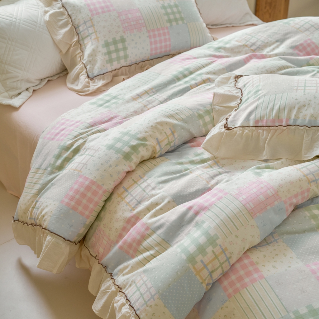 91家纺网 家纺一手货源 找家纺 洋铭区（原狠狠爱） 2025新款法式荷叶边全棉双层纱四件套系列 晴山格