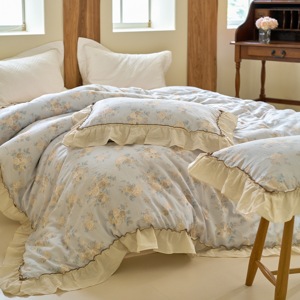 91家纺网 家纺一手货源 找家纺 洋铭区（原狠狠爱） 2025新款法式荷叶边全棉双层纱四件套系列 云间花海