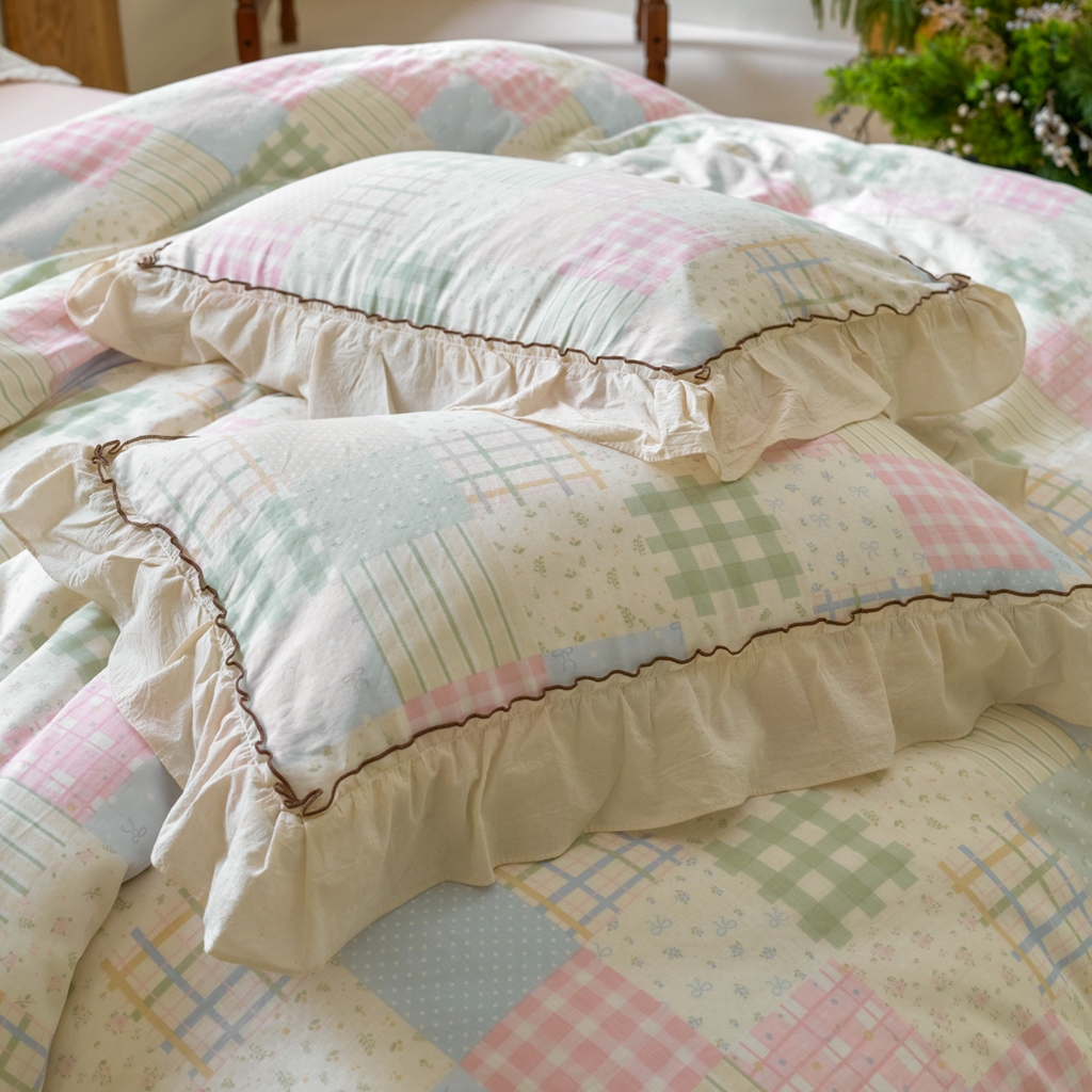 91家纺网 家纺一手货源 找家纺 洋铭区（原狠狠爱） 2025新款法式荷叶边全棉双层纱四件套系列 晴山格