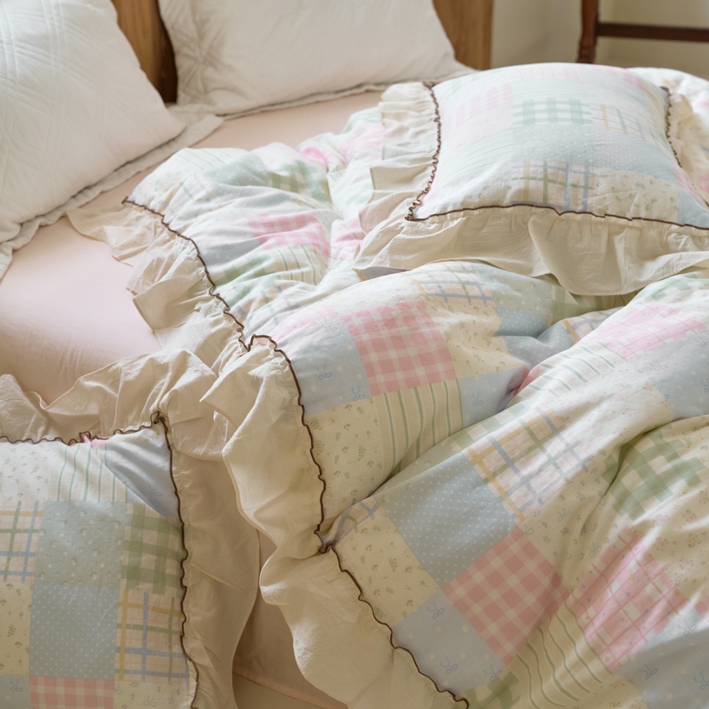 91家纺网 家纺一手货源 找家纺 洋铭区（原狠狠爱） 2025新款法式荷叶边全棉双层纱四件套系列 晴山格