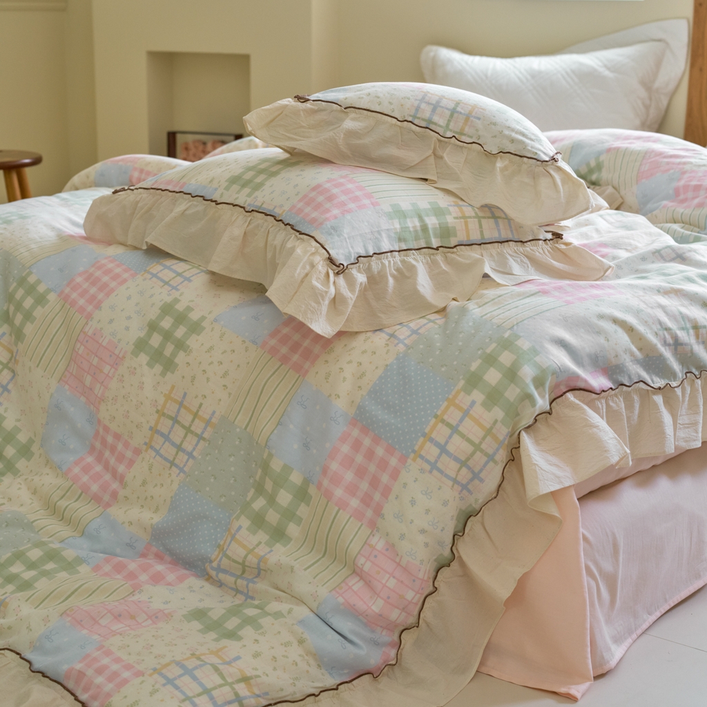 91家纺网 家纺一手货源 找家纺 洋铭区（原狠狠爱） 2025新款法式荷叶边全棉双层纱四件套系列 晴山格