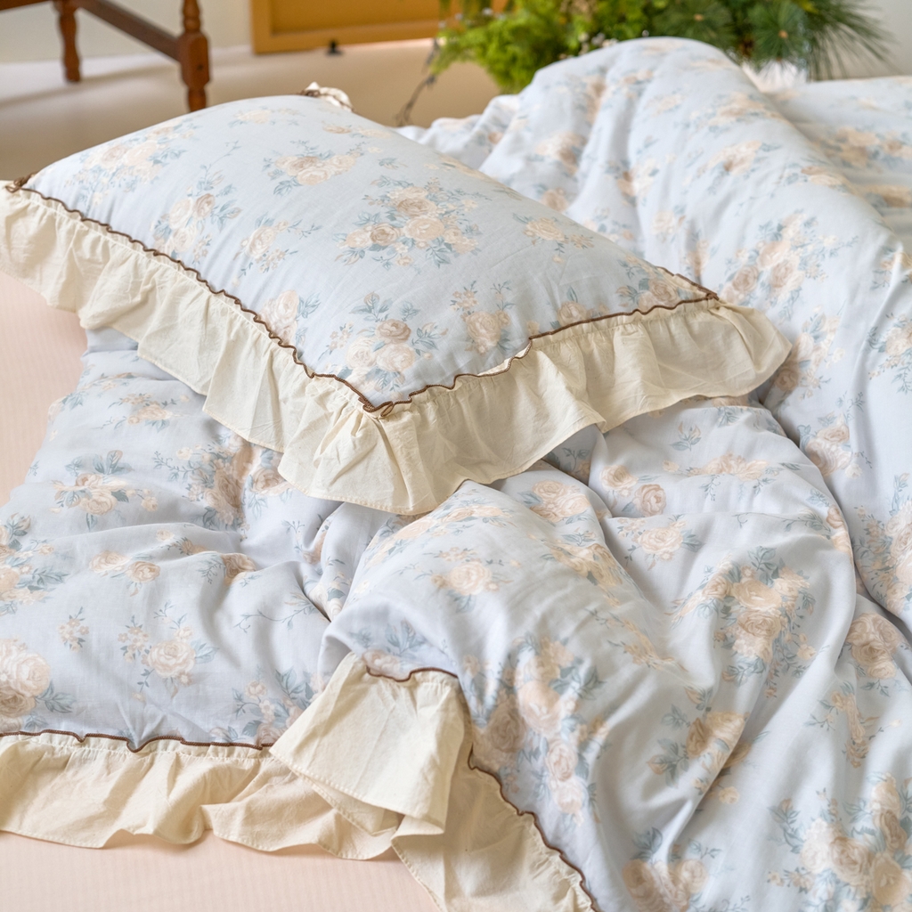 91家纺网 家纺一手货源 找家纺 洋铭区（原狠狠爱） 2025新款法式荷叶边全棉双层纱四件套系列 云间花海