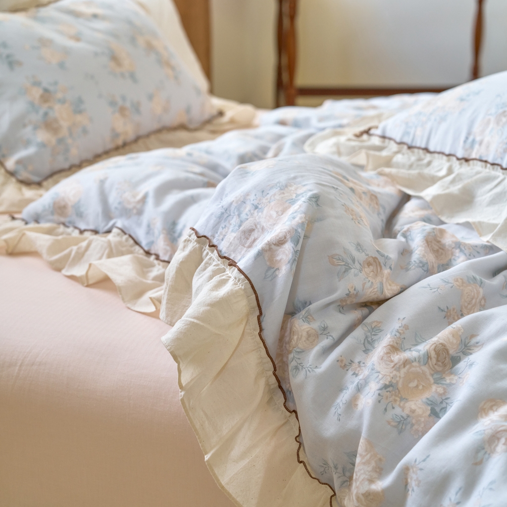 91家纺网 家纺一手货源 找家纺 洋铭区（原狠狠爱） 2025新款法式荷叶边全棉双层纱四件套系列 云间花海