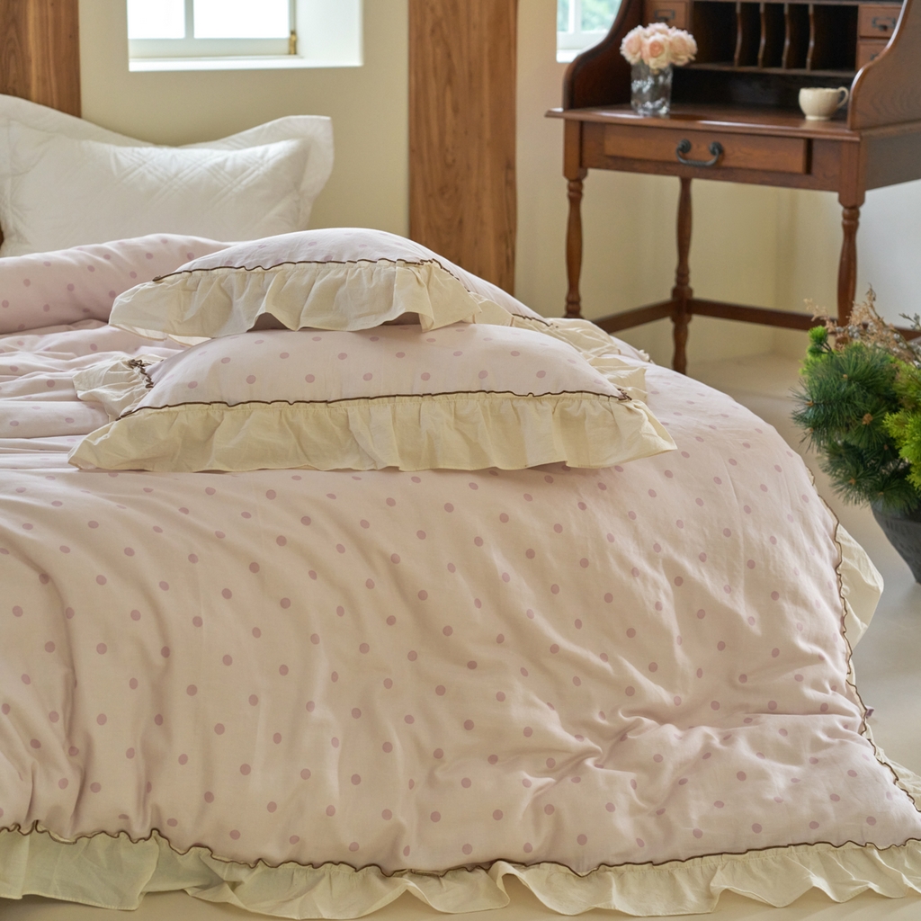 91家纺网 家纺一手货源 找家纺 洋铭区（原狠狠爱） 2025新款法式荷叶边全棉双层纱四件套系列 紫韵圆点