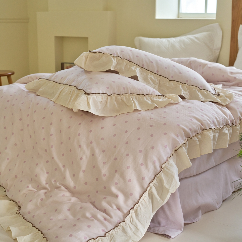 91家纺网 家纺一手货源 找家纺 洋铭区（原狠狠爱） 2025新款法式荷叶边全棉双层纱四件套系列 紫韵圆点